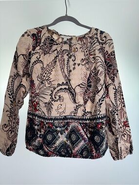 Lucky Boho Floral Print Long-Sleeve Women's Top - Beige/Black - S/P
